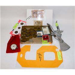 LOT WITH ASSORTED COINS, COLLECTOR BILLS, RING,
