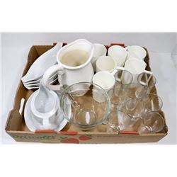 LOT OF DISHWARE INCL 6 WHITE BONE CHINA MUGS,