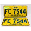 Image 1 : MATCHING PAIR ALBERTA 1961 LICENSE PLATES