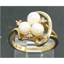 14k Yellow Gold 5mm Round Pearl Cluster Ring w/ 3 Round Diamond Accents