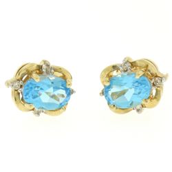 14K Yellow Gold 1.18 ctw Oval Blue Topaz & Round Diamond Halo Stud Earrings