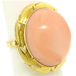 18K Yellow Gold 21x18mm Oval Cabochon Pink Angel Skin Coral Large Cocktail Ring