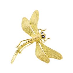 0.04 ctw Sapphire Dragonfly Brooch - 18KT Yellow Gold