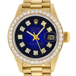 Rolex Ladies 18K Yellow Blue Vignette 1 ctw Diamond President Wristwatch With Ro