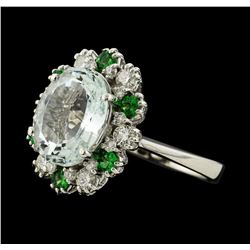 4.40 ctw Aquamarine, Tsavorite and Diamond Ring - 14KT White Gold