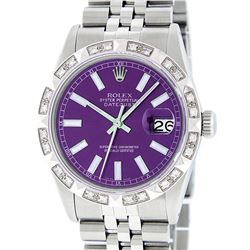 Rolex Mens Stainless Steel 36MM Purple Index Pyramid Diamond Datejust Wristwatch