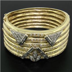 14k Two Tone Gold Ribbed 6.25  12 ctw Diamond Wide Bangle Cuff Bracelet