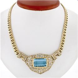 18K Gold 28.95 ctw GIA Bezel Aquamarine & Pave Diamond Chain Statement Necklace