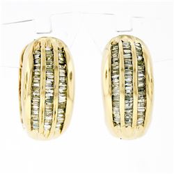 14K Yellow Gold 1.10 ctw 3 Row Channel Baguette Cut Diamond Hoop Huggie Earrings