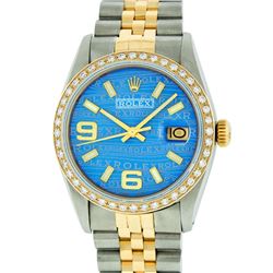 Rolex Mens 2 Tone 14K Blue Wave 36MM Datejust Wristwatch