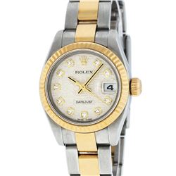 Rolex Ladies Quickset 2 Tone 18K Cream Diamond Datejust Oyster Band Wristwatch W