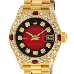 Rolex Ladies 18K Yellow Gold Diamond Lugs Red Vignette And Ruby President Wristw