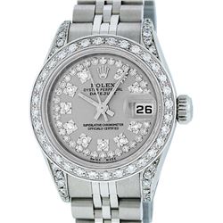 Rolex Ladies Stainless Steel 26MM Slate Grey String Diamond Lugs Datejust Wristw