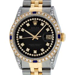 Rolex Mens 2 Tone 14K Black Diamond String Lugs & Sapphire Datejust Wristwatch