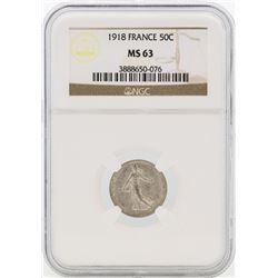 1918 France 50 Centimes Silver Coin NGC MS63