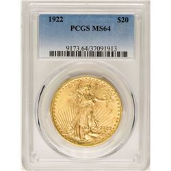 1922 $20 St. Gaudens Double Eagle Gold Coin PCGS MS64