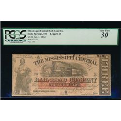 1862 $3 Rail Road Company Obsolete Note PCGS 30