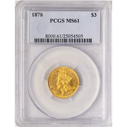 1878 $3 Indian Princess Head Gold Coin PCGS MS61