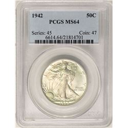 1942 Walking Liberty Half Dollar Coin PCGS MS64