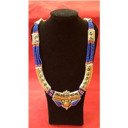 Silver Blue Lapis and Red Coral Stone Tibetan Necklace