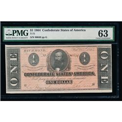 1864 $1 Confederate States of America Note PMG 63