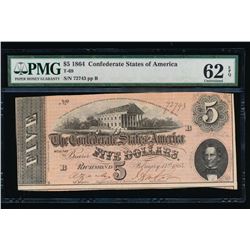 1864 $5 Confederate States of America Note PMG 62EPQ