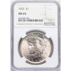 1922 $1 Peace Silver Dollar Coin NGC MS64