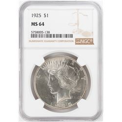 1925 $1 Peace Silver Dollar Coin NGC MS64