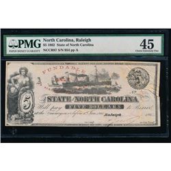 1862 $5 North Carolina Obsolete Note PMG 45