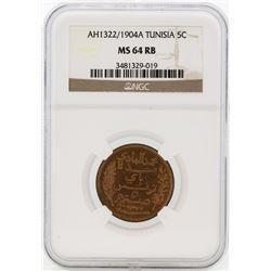 Africa Tunisia AH1322/1904A 5 Centimes Coin NGC MS64RB