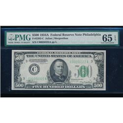 1934A $500 Philadelphia Federal Reserve Note PMG 65EPQ