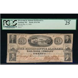 1838 $20 Rail Road Company Obsolete Note PCGS 25