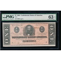 1864 $1 Confederate States of America Note PMG 63EPQ