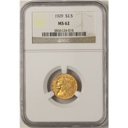 1929 $2 1/2 Indian Head Quarter Eagle Gold Coin NGC MS62