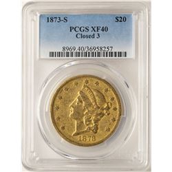 1873-S Closed 3 $20 Liberty Head Double Eagle Gold Coin PCGS XF40