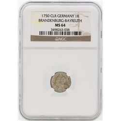 1750 Germany Bradenburg-Bayreuth 1 Kreutzer Coin NGC MS64