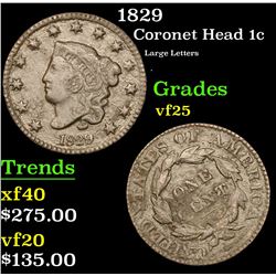 1829 Coronet Head Large Cent 1c Grades vf+