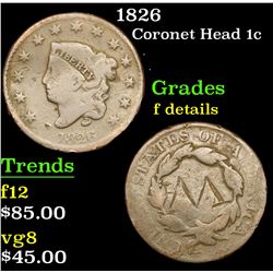 1826 Coronet Head Large Cent 1c Grades f details