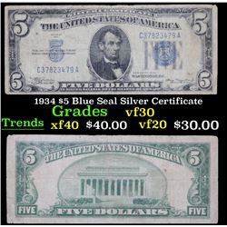 1934 $5 Blue Seal Silver Certificate Grades vf++