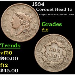 1834 Coronet Head Large Cent 1c Grades f+