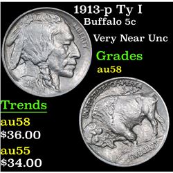 1913-p Ty I Buffalo Nickel 5c Grades Choice AU/BU Slider