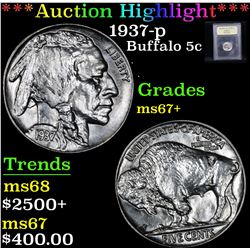 ***Auction Highlight*** 1937-p Buffalo Nickel 5c Graded Gem++ Unc By USCG (fc)