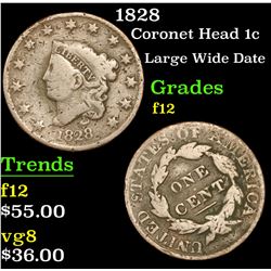1828 Coronet Head Large Cent 1c Grades f, fine