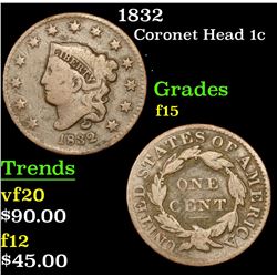 1832 Coronet Head Large Cent 1c Grades f+