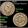 Image 1 : 1832 Coronet Head Large Cent 1c Grades f+
