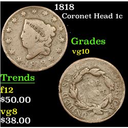 1818 Coronet Head Large Cent 1c Grades vg+