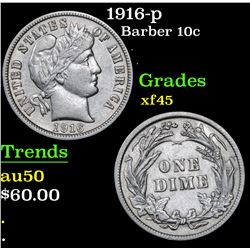 1916-p Barber Dime 10c Grades xf+