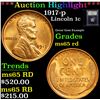 Image 1 : ***Auction Highlight*** 1917-p Lincoln Cent 1c Graded GEM Unc RD By USCG (fc)