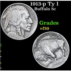 1913-p Ty I Buffalo Nickel 5c Grades vf++