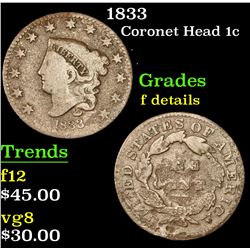 1833 Coronet Head Large Cent 1c Grades f details